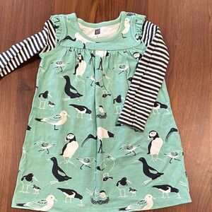 Tea Collection Green Bird Print Dress with Striped Sleeves